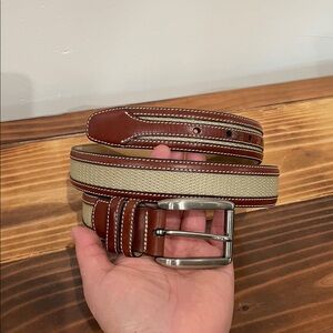 Tommy Bahama Leather And Woven Nylon Belt Men’s Sz 36 Made In Spain Solid Brass